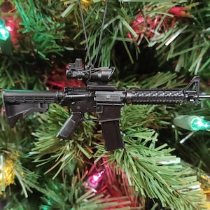 AR15 Rifle Christmas Ornament Black- Gifts for Hunters, Veterans, Gun Lovers, Soldiers, Men- Military Army Marines Police SWAT- M4 Carbine