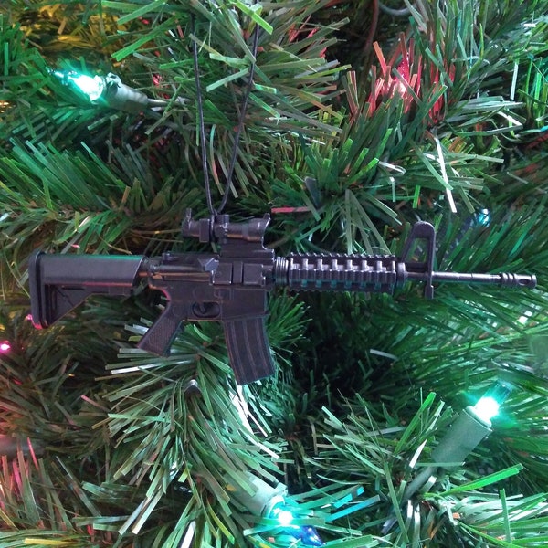 AR15 Rifle Christmas Ornament Black- Gifts for Hunters, Veterans, Gun Lovers, Soldiers, Men- Military Army Marines Police SWAT- M4 Carbine