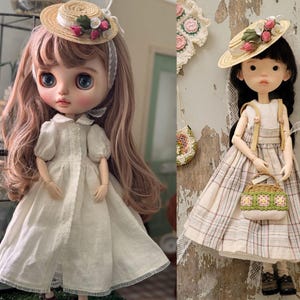 Rattan hat, Blythe hat, Blythe straw hat, doll accessories, doll hat, handmade doll hat, blythe crochet hat, summer boater hat, silk flower
