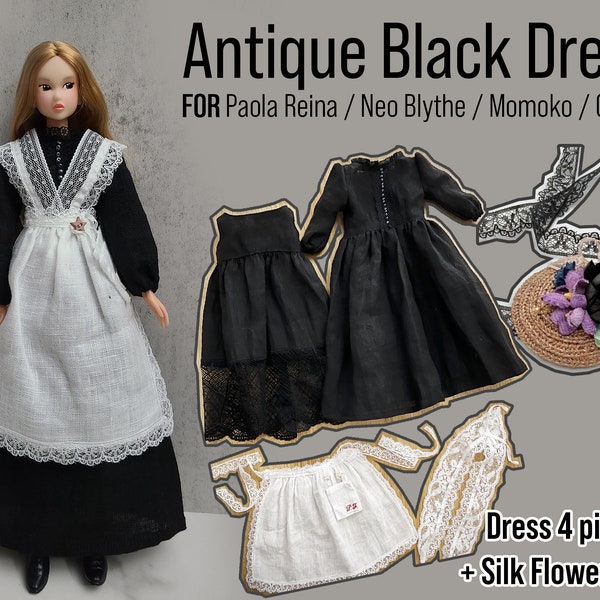 Doll Clothes for Blythe, Qbaby, Momoko, Paola Reina / Antique black dress, apron, silk flower hat set