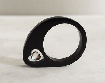 Heart Ring, Black Heart Resin Ring, Black Rings, Crystal Heart Ring, Clear Heart Crystal, Swarovski Heart Jewelry, Resin Rings, Gift for Her