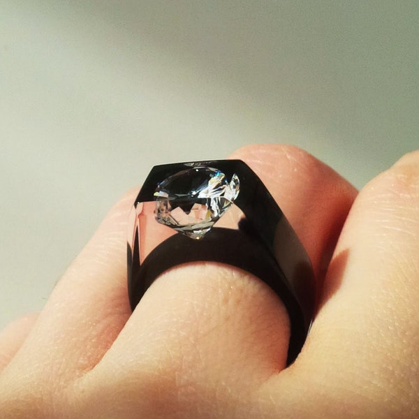 Black Resin Ring - Cubic Zirconia Ring - Statement Ring - Resin Jewelry - Geometric Ring - Unique Engagement Ring - Resin Band