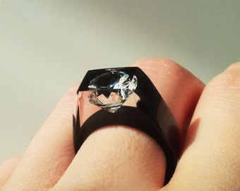 Black Resin Ring - Cubic Zirconia Ring - Statement Ring - Resin Jewelry - Geometric Ring - Unique Engagement Ring - Resin Band