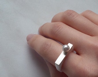 Minimalist Ring, White Pearl Ring, Geometric Ring, Resin Jewelry, Resin Rings, Gift for Woman, Gift for Her