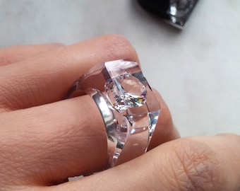 Clear Resin Ring with Cubic Zirconia - Statement Ring - Resin Jewelry - Geometric Ring - Unique Engagement Ring - Transparent Resin Band