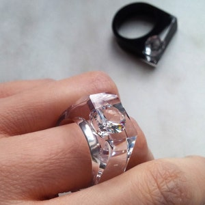 Clear Resin Ring with Cubic Zirconia - Statement Ring - Resin Jewelry - Geometric Ring - Unique Engagement Ring - Transparent Resin Band