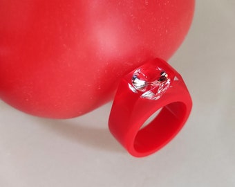 Red Resin Ring with Cubic Zirconia - Statement Ring - Love Resin Jewelry - Geometric Ring - Unique Red Ring - Red Resin Band - Give for Her