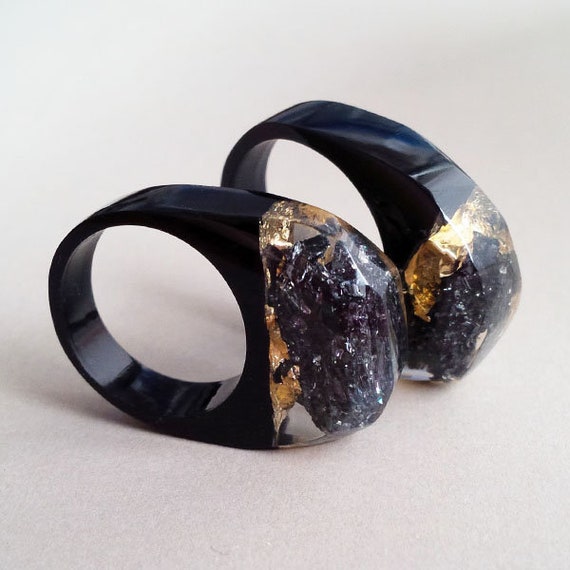 Black Resin Ring with Gold Flakes, High-Quality Handmade Band, Engagement  Rings