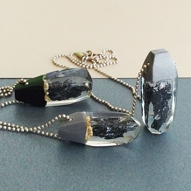 Gray Resin Necklace With Silicon Carbide and Gold Flakes Etsy