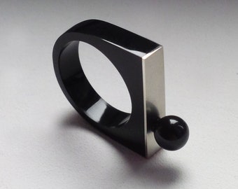 Black Pearl Ring - Ball Ring - Resin Ring - Black Jewelry - Bar Ring - Geometric Ring - Minimalist Ring - Simple Black Jewelry - Stacking