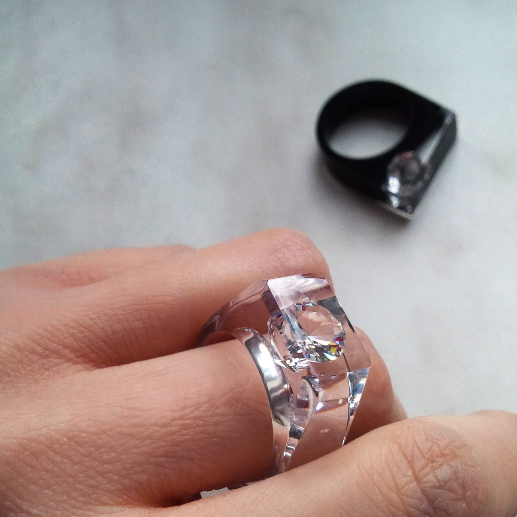Clear Resin Block Ring Featuring Metallic Gold Accents. - One Size
