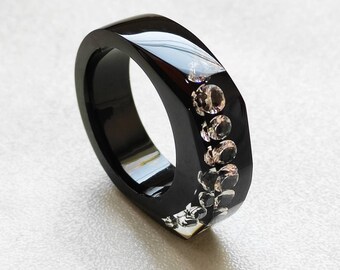 Resin Band - Black Resin Ring - Black Band with Zirconias - Shiny Ring - Resin Jewelry - Unique Engagement Ring - Tiny Crystals Ring