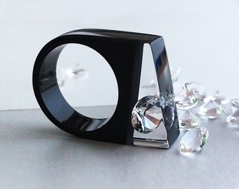 Black Resin Rings, Black Swarovski Ring, Zirconia Cubic Ring, Resin Jewelry, Geometric Ring, Gift for Her, Resin Ring for Women