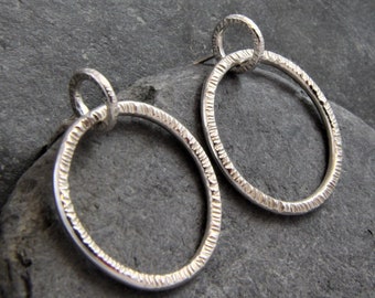 Hammered Silver Hoops - 925 Dangly Hoops - Statement Double Hoops - Everyday earring - Hammered Circle Earrings - Handmade in Cornwall