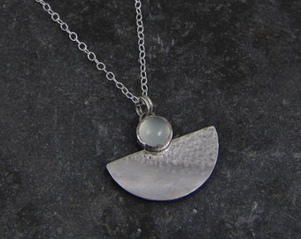 Semi-circle Gemstone Chalcedony Pendant - hammered silver 925 necklace - sea inspired necklace - geometric - handmade in Cornwall