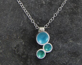 Enamel circle silver necklace - Rockpool necklace - blue and 925 pendant - water inspired - surf girl jewellery - handmade in Cornwall