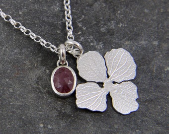 Ruby Hydrangea Necklace - Red / Pink Gemstone - Sterling Silver Flower Charm Necklace - Petal Pendant - Nature Lover - Made in Cornwall