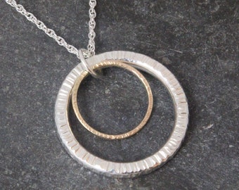 Double circle Silver and 9 ct Gold necklace - gold and silver - 925 ring necklace - love necklace - anniversary gift -handmade in Cornwall