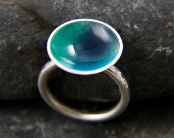 Blue Green statement ring - rock pool dome ring - enamel ring - sea inspired beach ring - chunky sterling silver ring - handmade in Cornwall