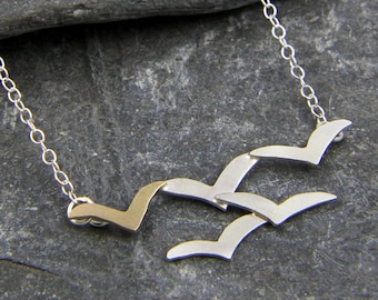 Seagull necklace - flying flock of birds  - sterling silver and 9ct Gold bird necklace - flock of sea gulls -  handmade in Cornwall