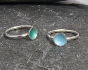 Turquoise blue ring - sea green ring - rock pool ring - enamel ring - colourful stacking rings - sterling silver ring - handmade in Cornwall