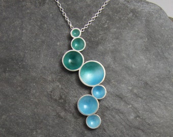 Enamel Sterling Silver Statement Necklace: Blue Green Rock Pool Long Pendant - Cornish Beachy Jewellery