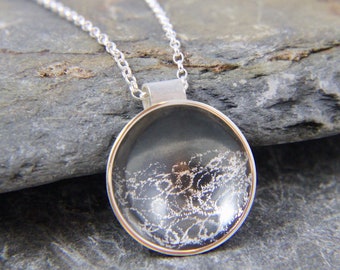 Silver disc necklace - statement domed disc pendant - black and silver necklace - Stormy days pendant - sea inspired - hand made in Cornwall