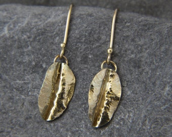 Leaf earrings -  Gold drop dangly earrings - delicate leaves - 9ct leaves - leaf jewellery - natural jewelry - hand made in Cornwall
