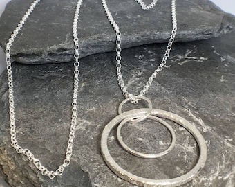 Statement necklace - large circle necklace - Sterling Silver long pendant - double hoop necklace - anniversary gift - handmade in Cornwall