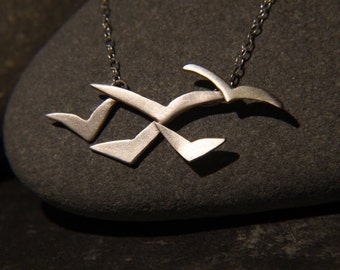 Seagull necklace - flying flock of birds  - bird necklace - sterling silver bird necklace - flock of sea gulls -  handmade in Cornwall
