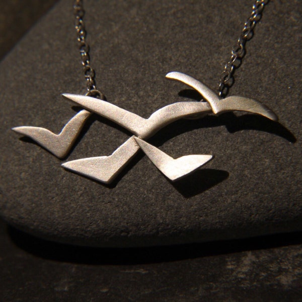 Seagull necklace - flying flock of birds  - bird necklace - sterling silver bird necklace - flock of sea gulls -  handmade in Cornwall