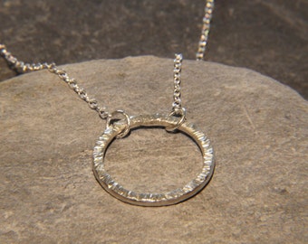 Circle necklace - hammered finish circle - minimalist necklace - line hammered texture - Sterling Silver circle -  hand made in Cornwall