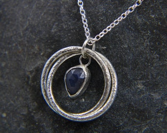 Blue Sapphire Double Circle necklace - Sterling Silver two hoop necklace - Sea blue gemstone pendant - hand made in Cornwall