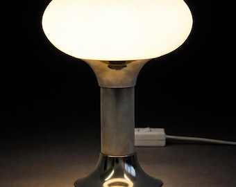 Lámpara de mesa vintage estilo era espacial, Narva, RDA, década de 1970, cristal opalino, cromo, diseño de mediados de siglo, E27