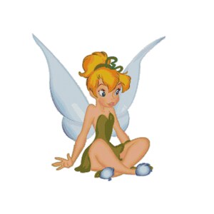 May include: A cartoon illustration of a fairy with blonde hair, green dress, and blue wings. The fairy is sitting cross-legged with her hands resting on her knees. The background is white.