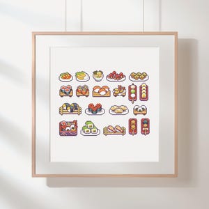 May include: A framed print displaying a pixel art illustration of diverse sushi dishes. The artwork presents a colourful array of sushi rolls, nigiri, and other Japanese cuisine staples, arranged in a grid. The image is set against a white background.