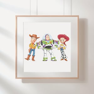 トイ・ストーリー クロスステッチパターン：ウッディ、バズ、ジェシー