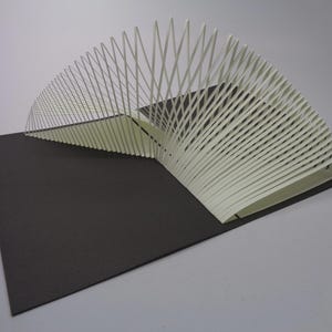 May include: A white paper sculpture with a fan-like design, composed of numerous vertical lines, sits on a dark gray rectangular base. The sculpture's lines curve gracefully, creating a sense of depth and dimension. The artwork is set against a neutral background.