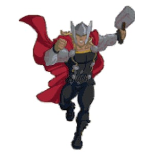 Può includere: Illustrazione pixelata di Thor, un supereroe, in una posa dinamica. Indossa un elmo argentato, un costume nero e grigio e un mantello rosso. Thor tiene in alto un martello grigio, pronto all'azione. L'immagine ha uno stile fumettistico.