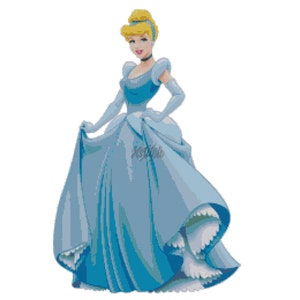 May include: A digital illustration of Cinderella in a light blue ball gown, gloves, and a choker. Her blonde hair is styled in an updo with a headband. The image has a pixelated appearance, with the artist's signature visible.