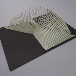May include: A white architectural model with a curved, fan-like design. The model is constructed from thin, vertical slats and sits on a black rectangular base. The design has a modern, minimalist aesthetic.
