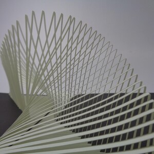 May include: A white paper sculpture with a curved, layered design. The sculpture features numerous parallel strips that intersect to create a lattice pattern. The artwork is set against a gray and black background, highlighting its form.