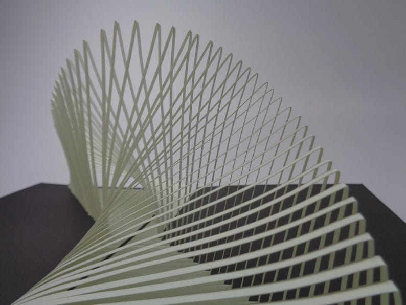 May include: A white paper sculpture with a curved, layered design. The sculpture features numerous parallel strips that intersect to create a lattice pattern. The artwork is set against a gray and black background, highlighting its form.