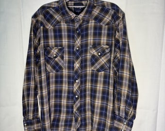 Vintage wrangler snap pearl button down western plaid shirt size L? XL? - see measurements - faded worn lightweight