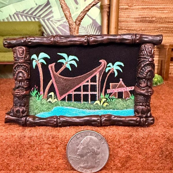 Peinture miniature en velours noir inspirée de l'hôtel Waikikian à Hawaï