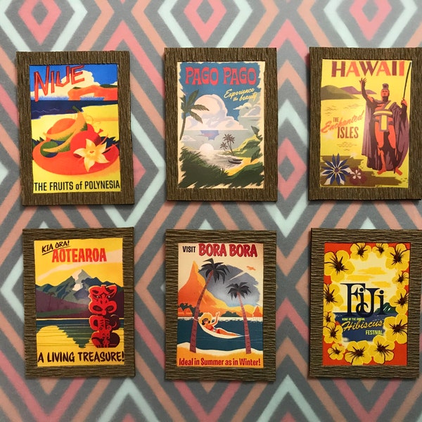 Miniature Polynesian Resort Inspired Poster Set, 6 tiny posters & free shipping