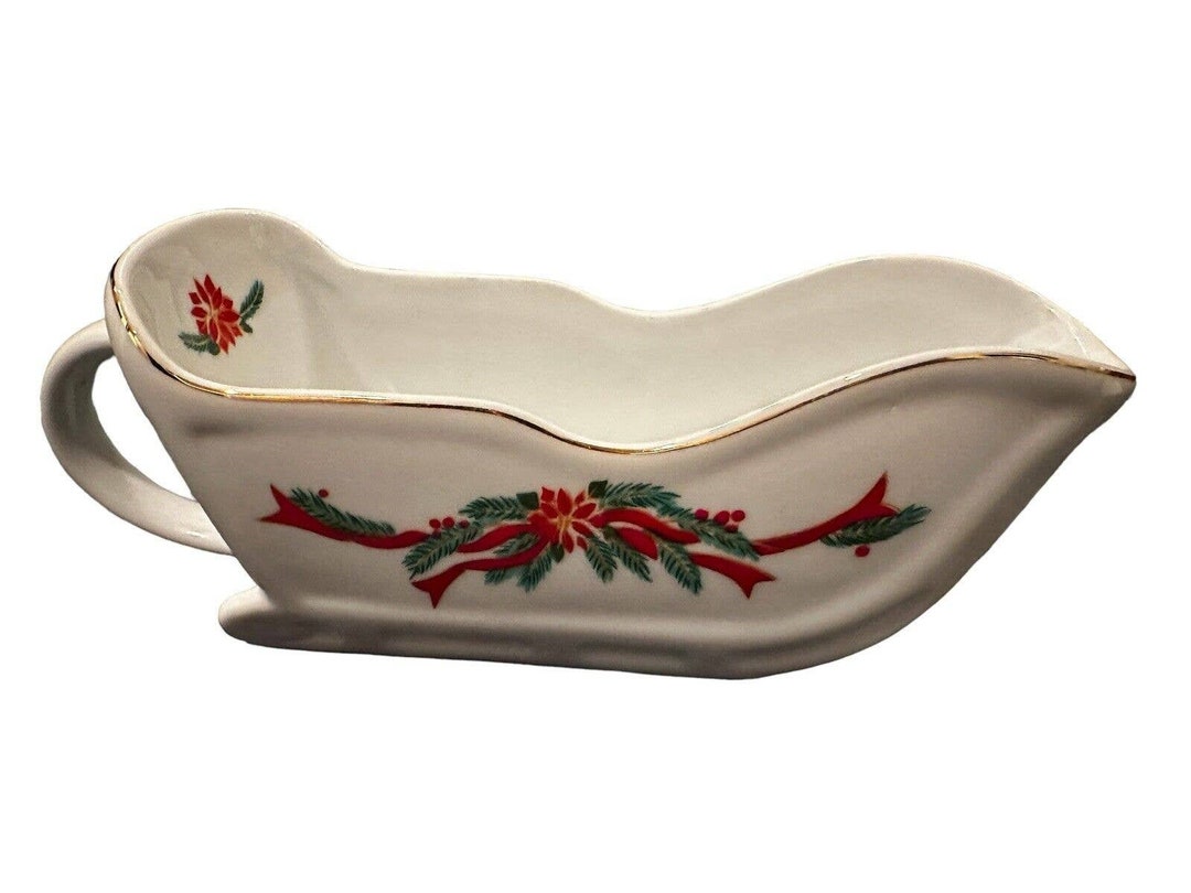 Tienshan China Poinsettia & Ribbons Sleigh Gravy Boat Etsy