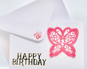 Happy Birthday Pink Butterfly On White Card