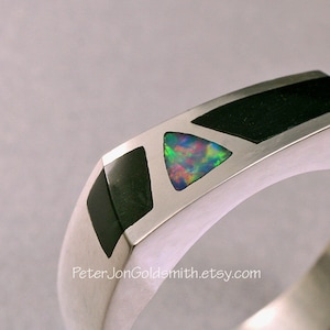 OPAL INLAY Wedding Band, with Black Jade, Handmade in Sterling Silver.