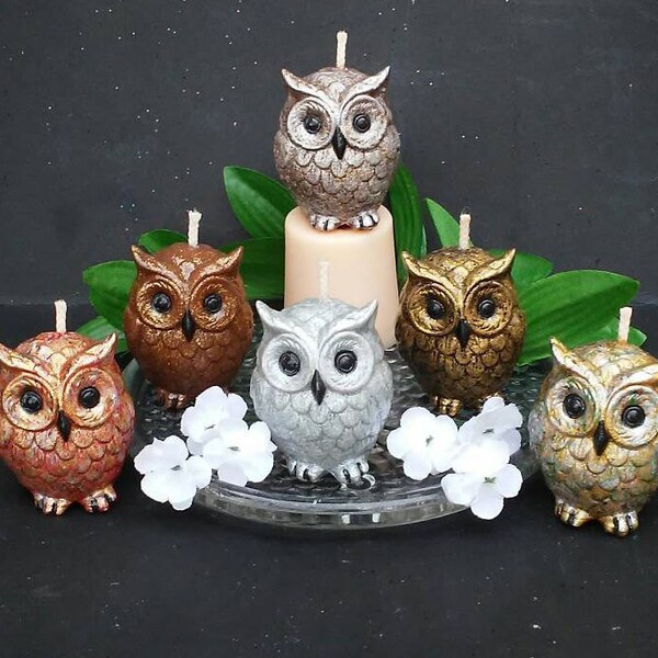 Set of Six  / Hand Painted Owl Candles